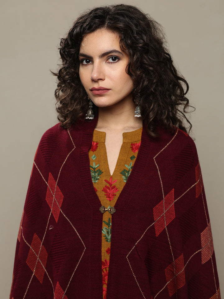 Maroon Woven Design Wool Women's Shawl
