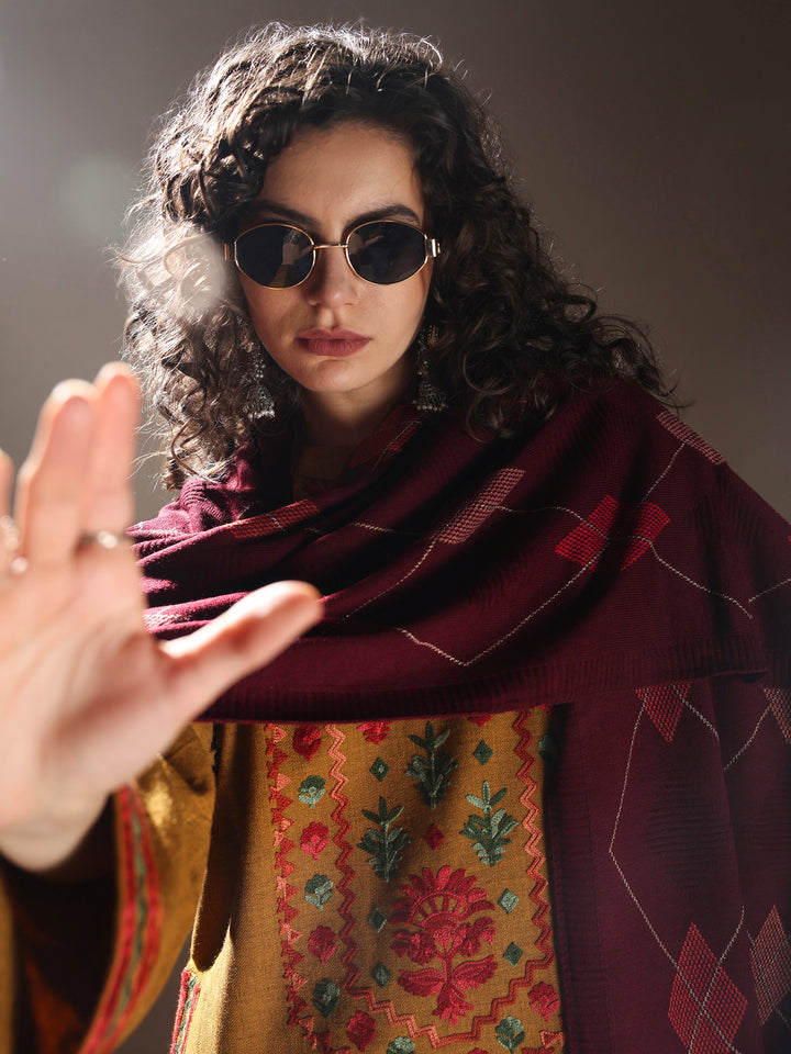 Maroon Woven Design Wool Women's Shawl