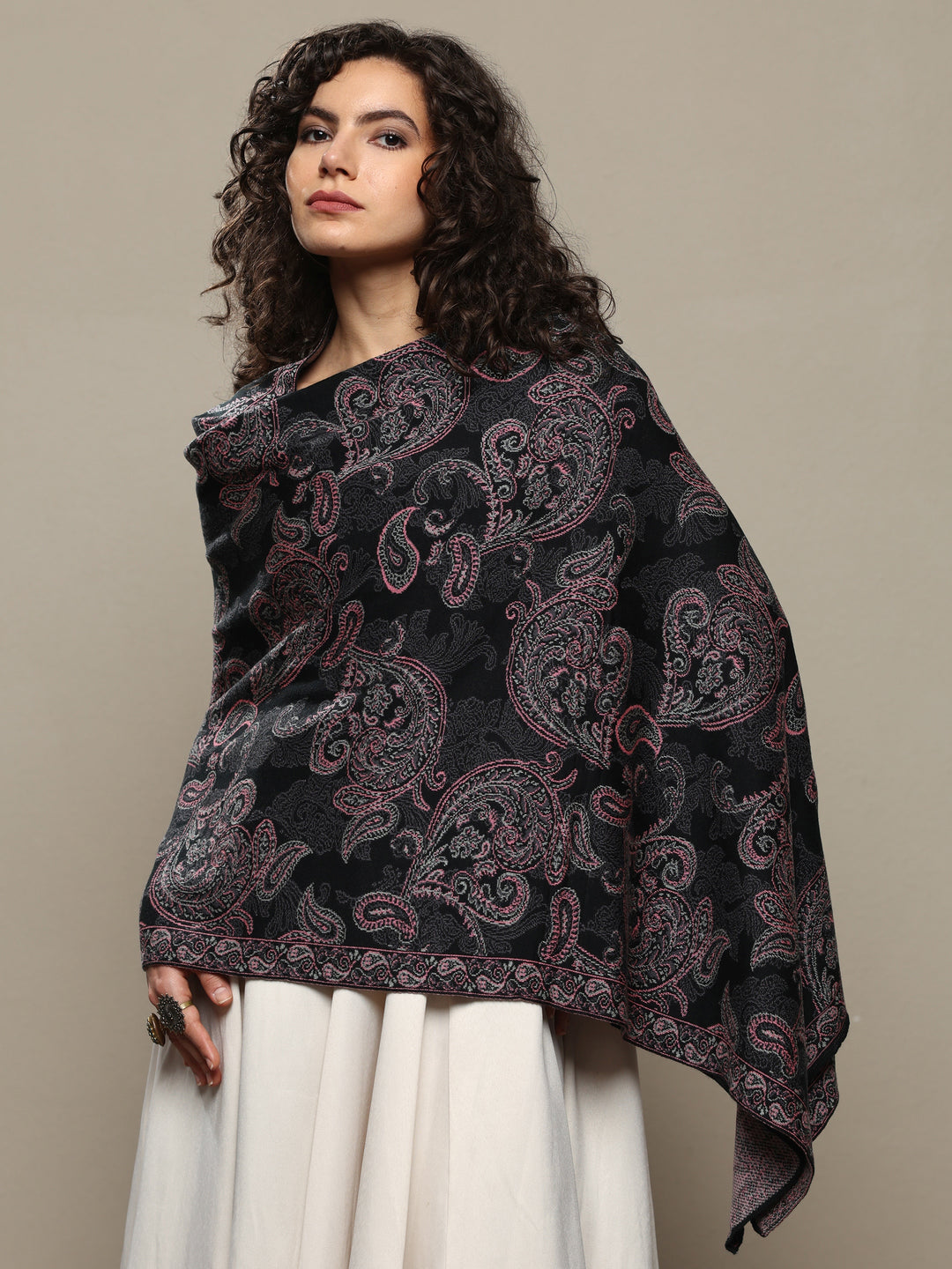 Black Woven Design Wool Women's Shawl