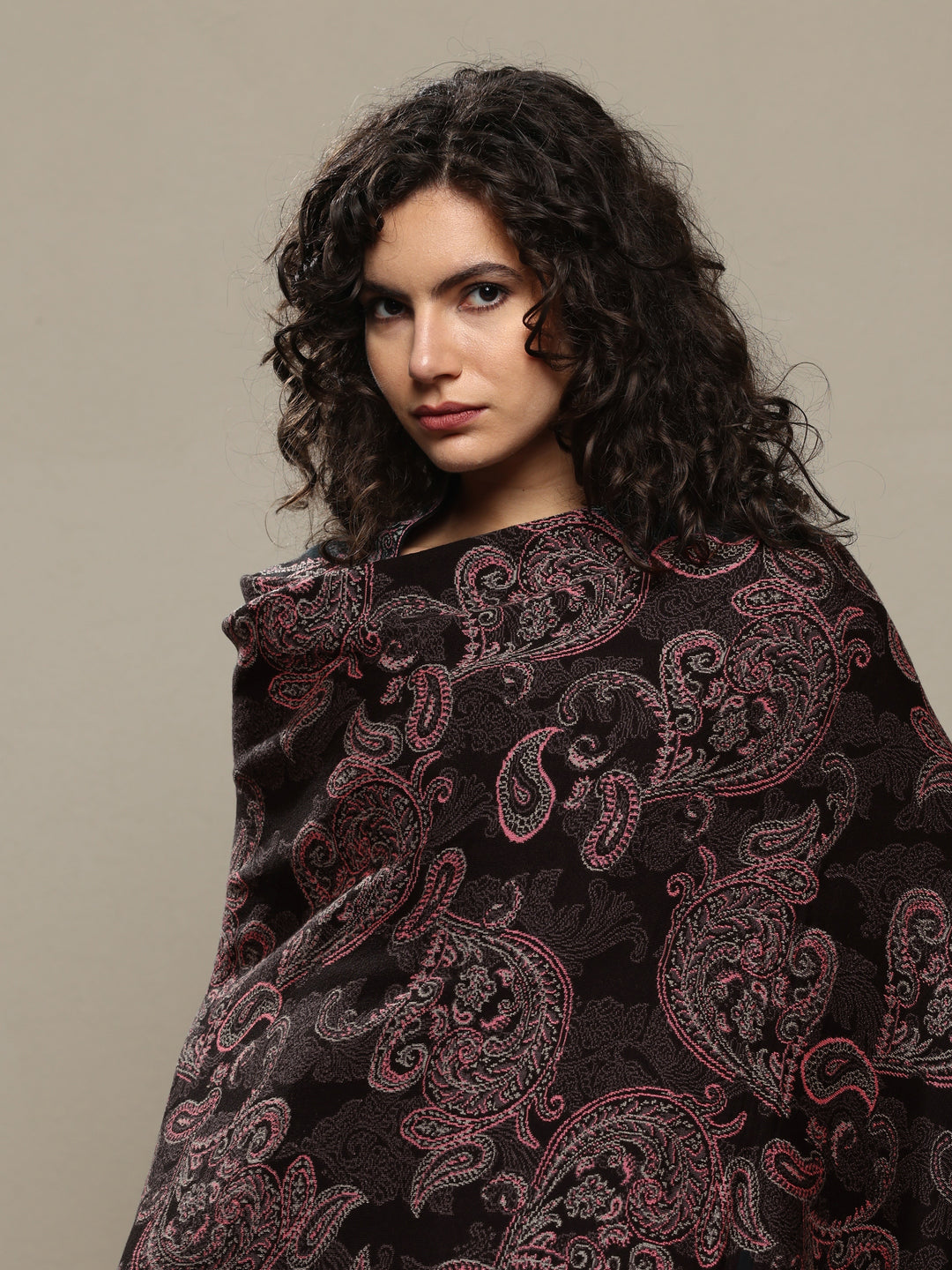 Black Woven Design Wool Women's Shawl