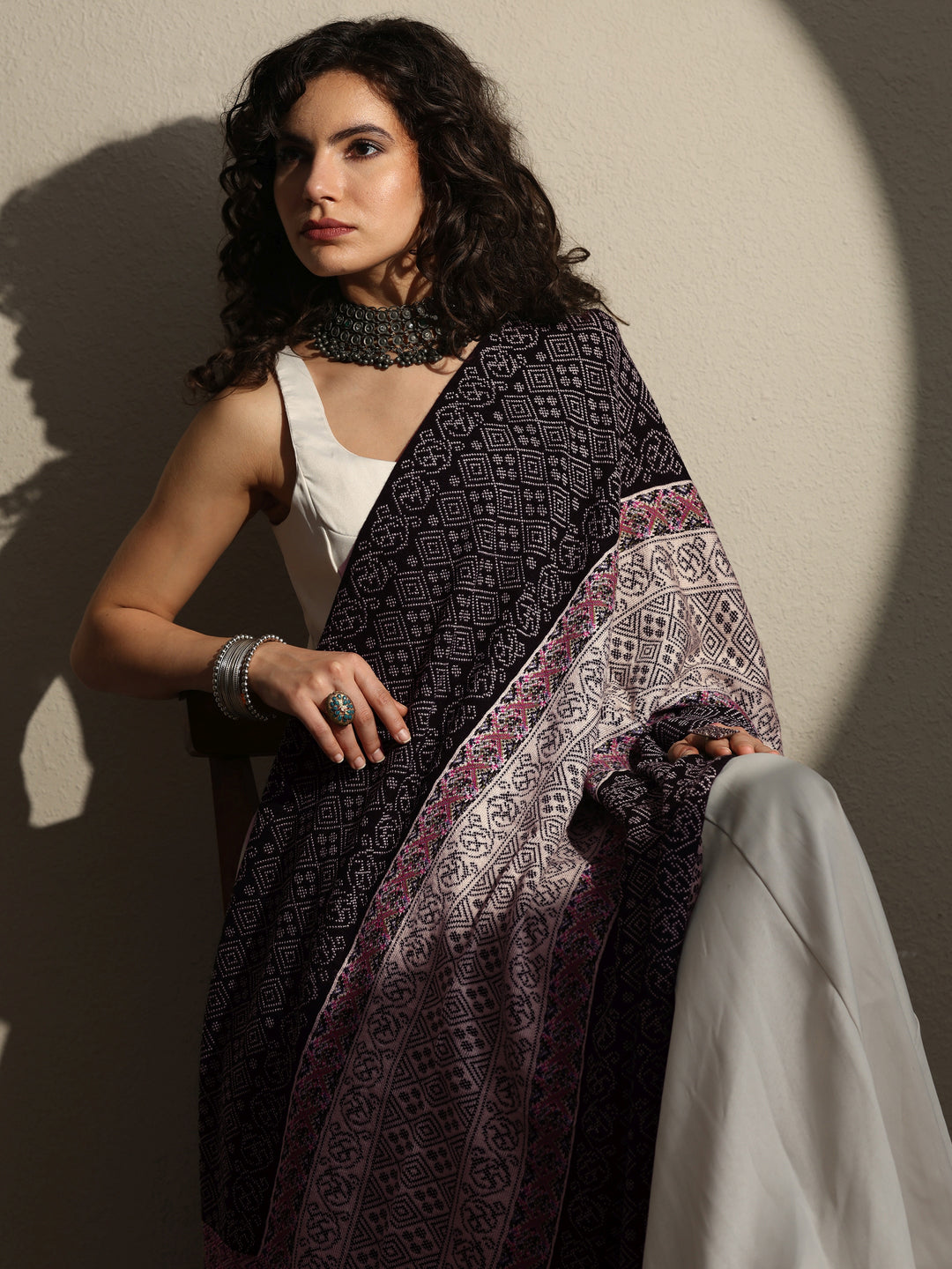 Black Woven Design Wool Women's Shawl