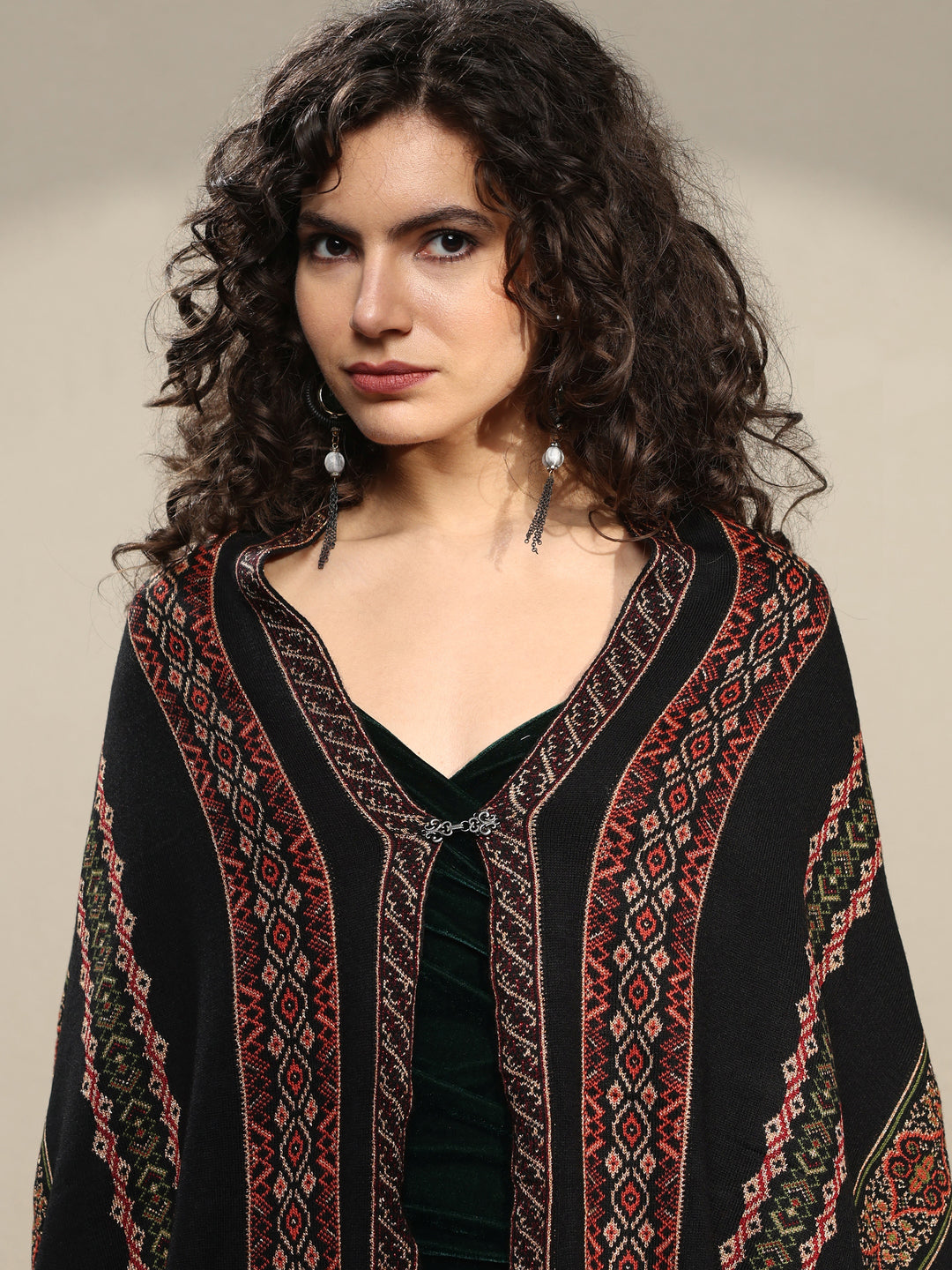 Black Woven Design Wool Women's Shawl