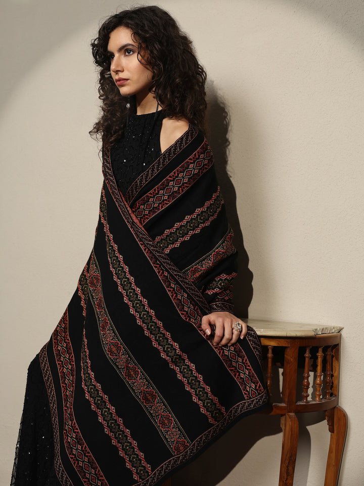 Black Woven Design Wool Women's Shawl