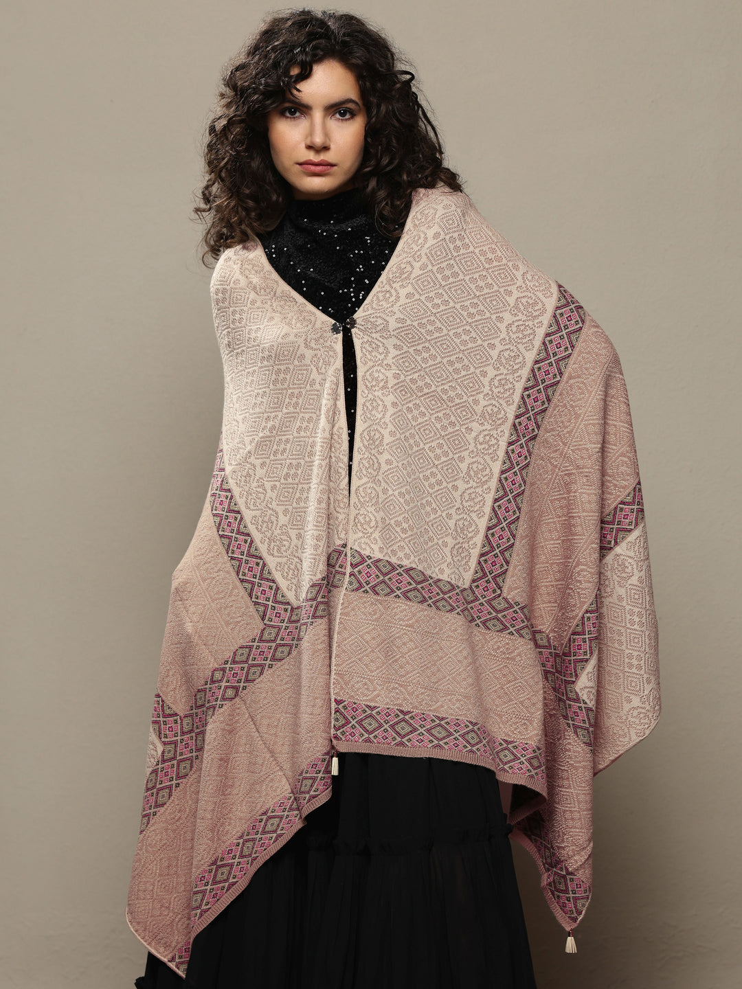 Cream Woven Design Wool Women's Shawl
