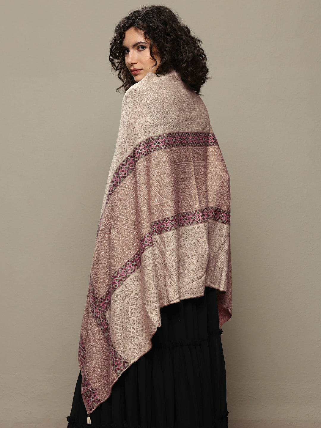 Cream Woven Design Wool Women's Shawl