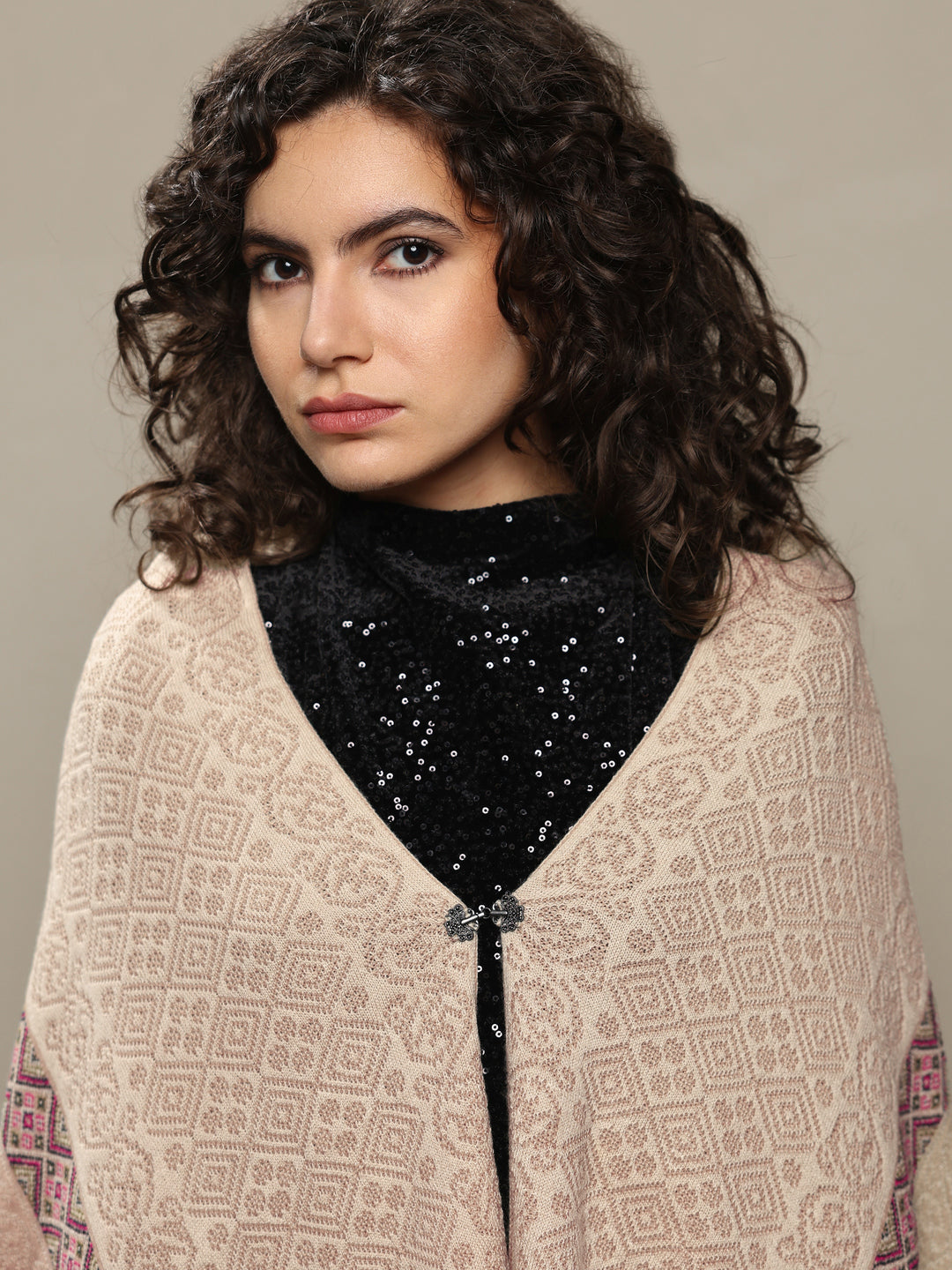 Cream Woven Design Wool Women's Shawl