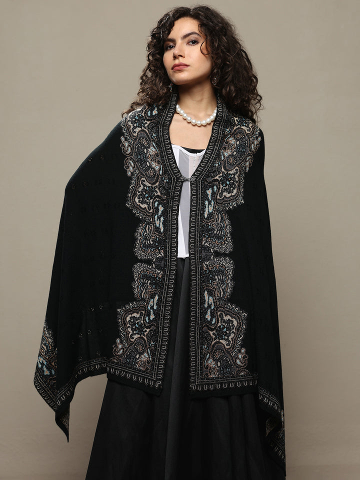 Black Woven Design Wool Women's Shawl