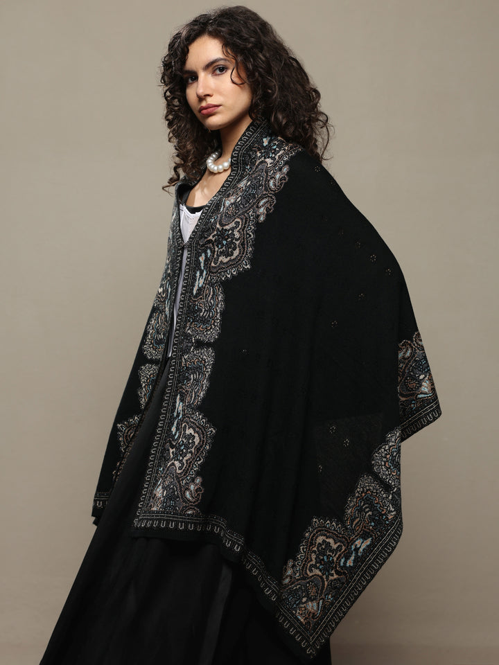 Black Woven Design Wool Women's Shawl