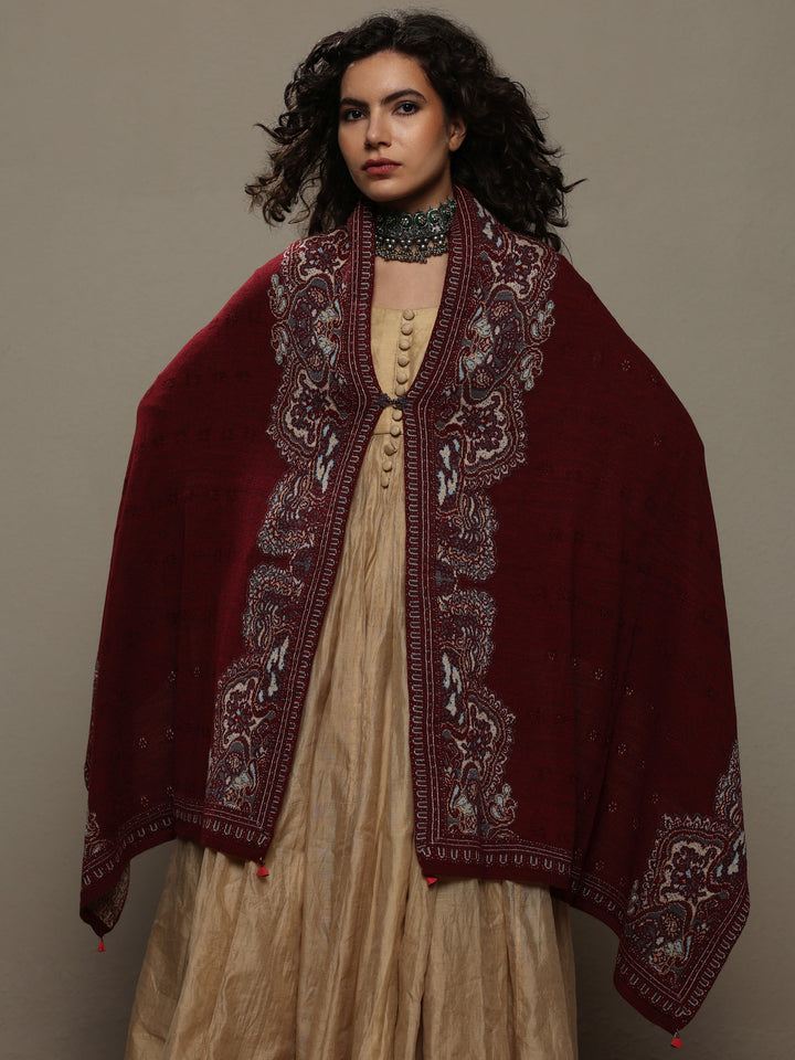 Maroon Woven Design Wool Women's Shawl