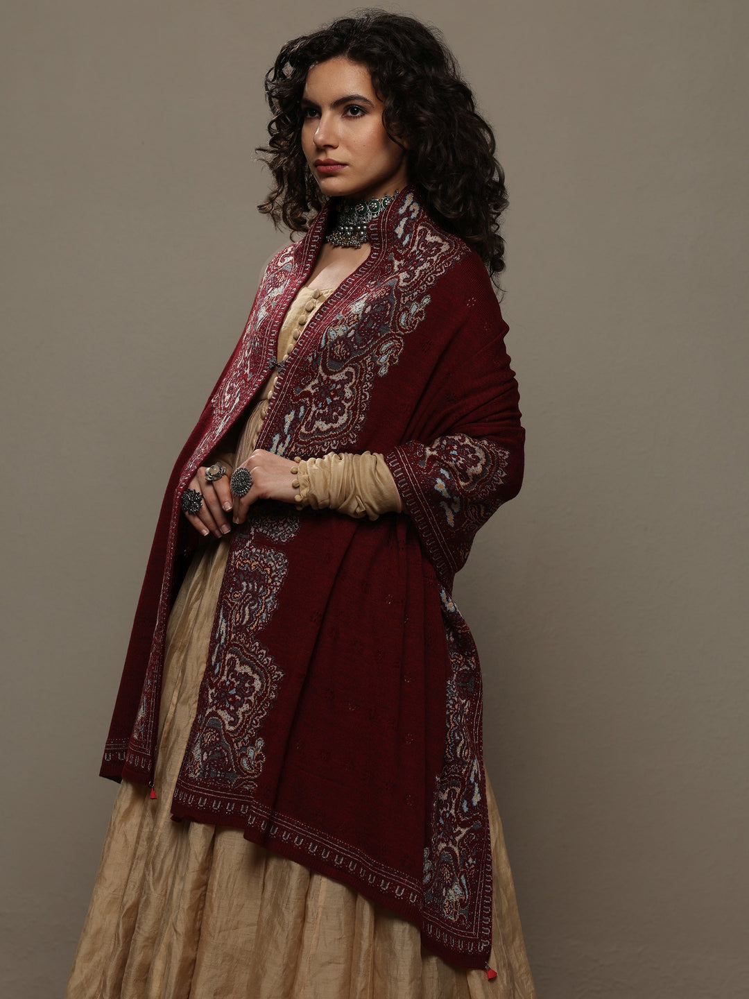 Maroon Woven Design Wool Women's Shawl