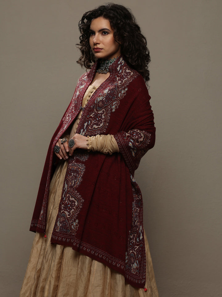 Maroon Woven Design Wool Women's Shawl