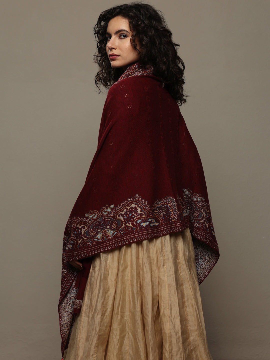 Maroon Woven Design Wool Women's Shawl
