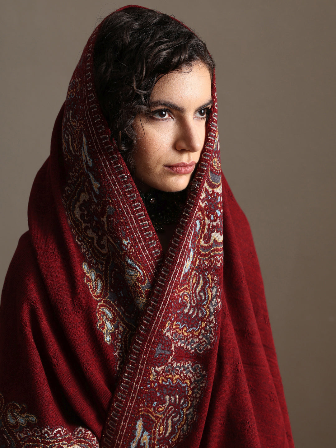 Maroon Woven Design Wool Women's Shawl