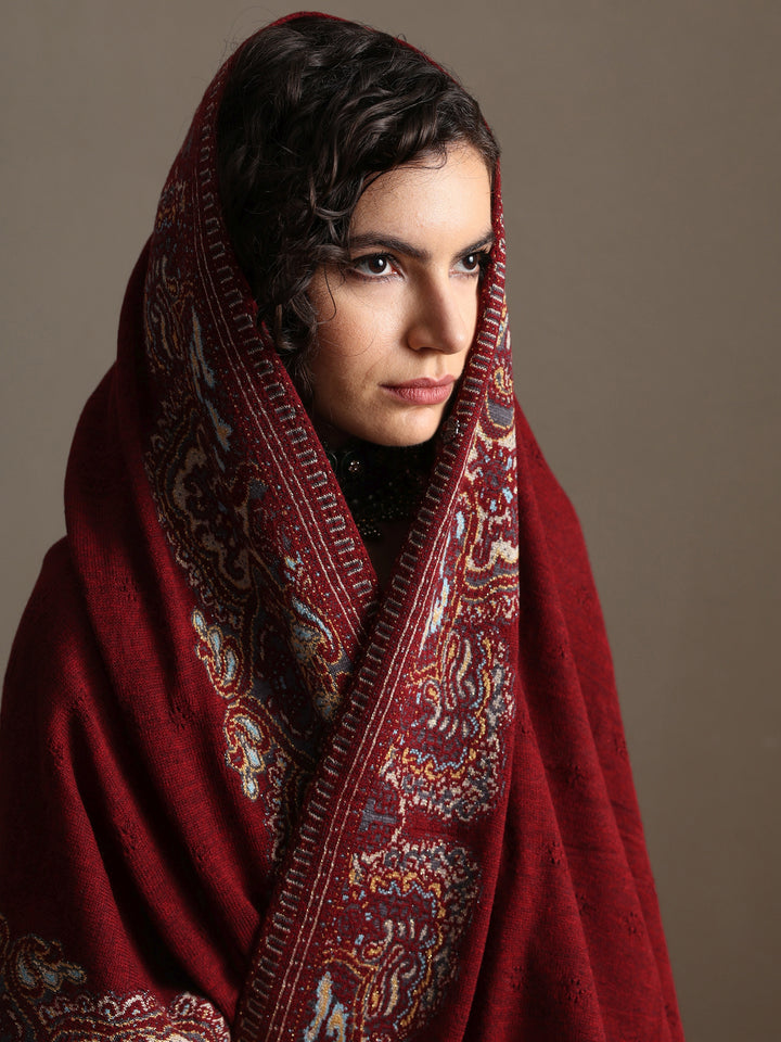 Maroon Woven Design Wool Women's Shawl