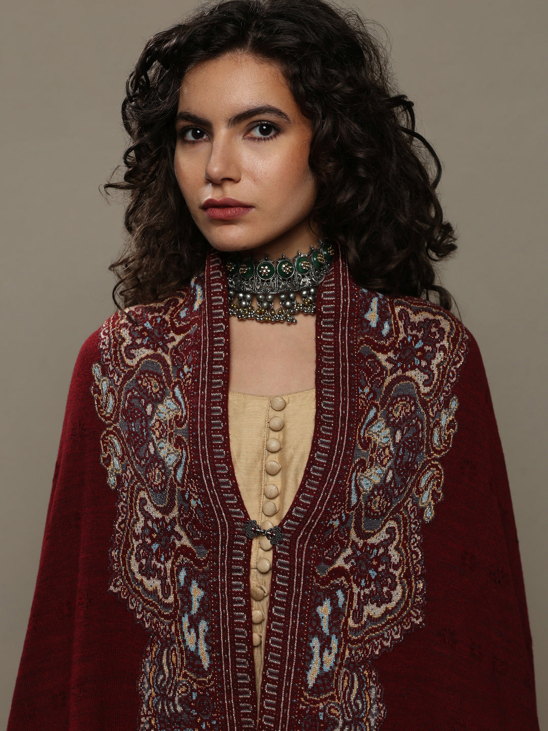 Maroon Woven Design Wool Women's Shawl