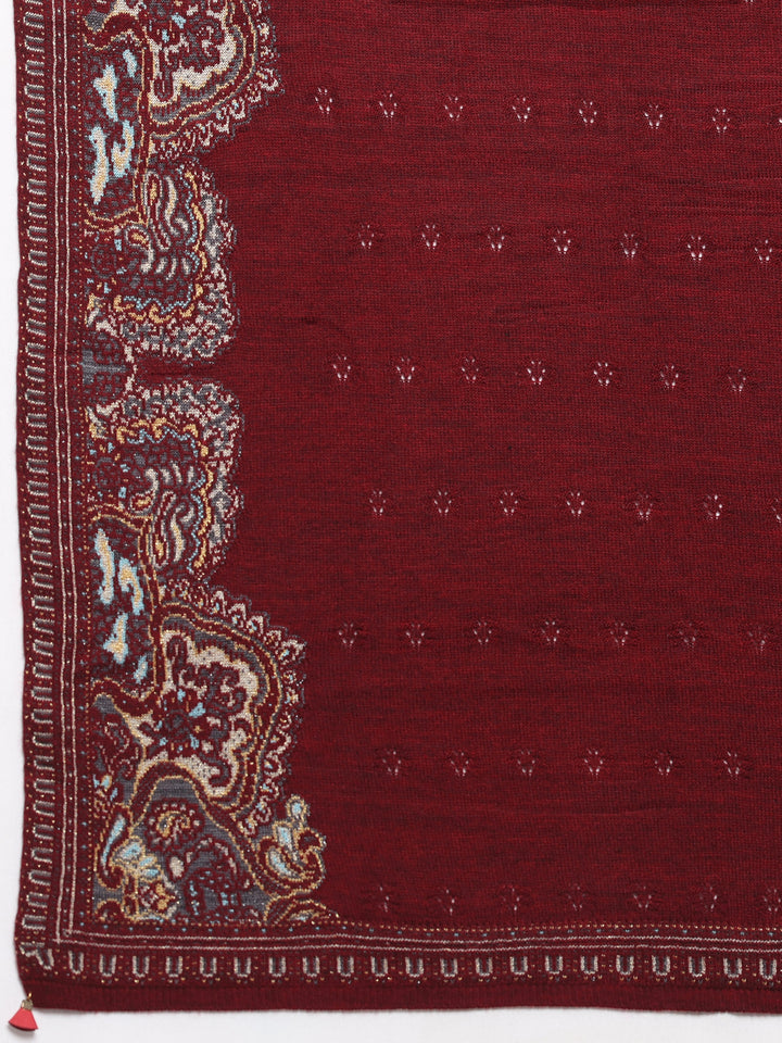 Maroon Woven Design Wool Women's Shawl