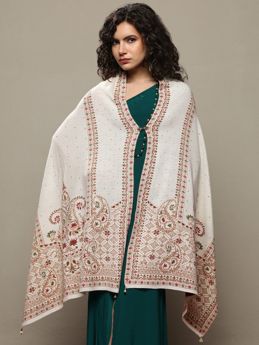 White Woven Design Wool Women's Shawl
