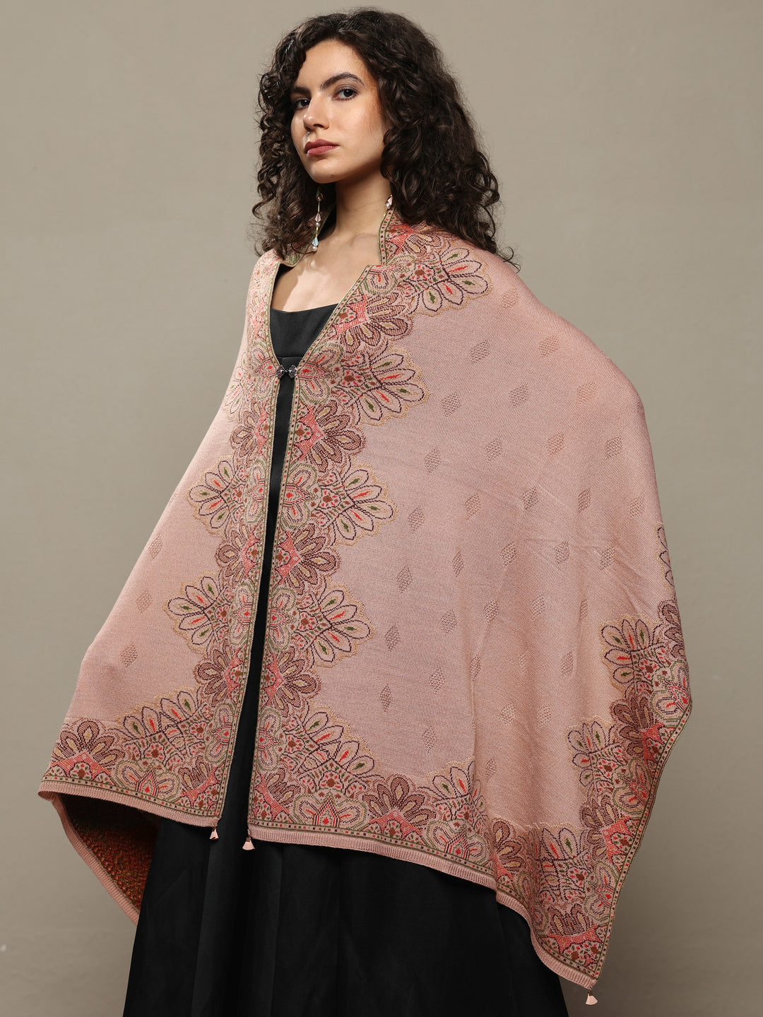 Beige Woven Design Wool Women's Shawl