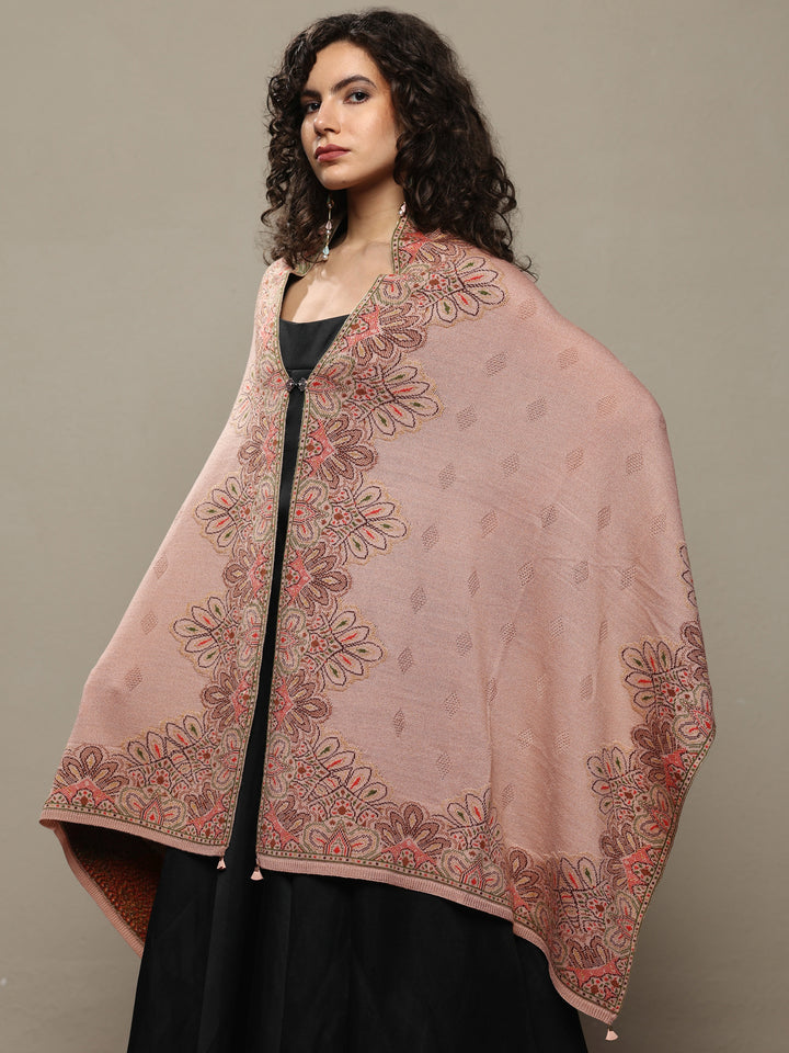 Beige Woven Design Wool Women's Shawl