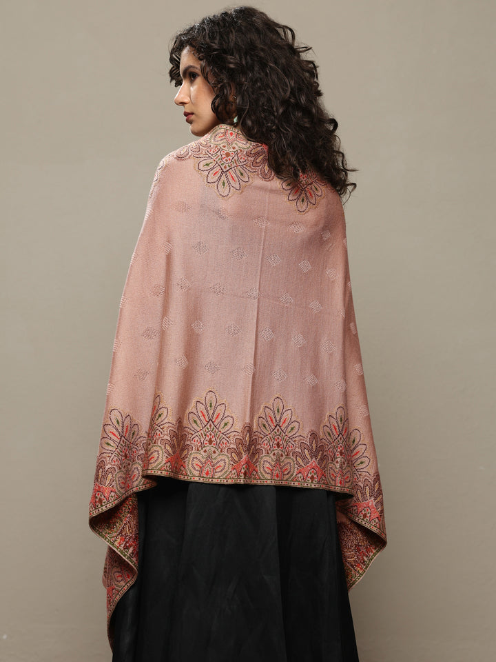 Beige Woven Design Wool Women's Shawl