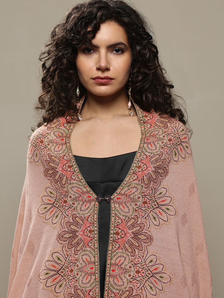 Beige Woven Design Wool Women's Shawl