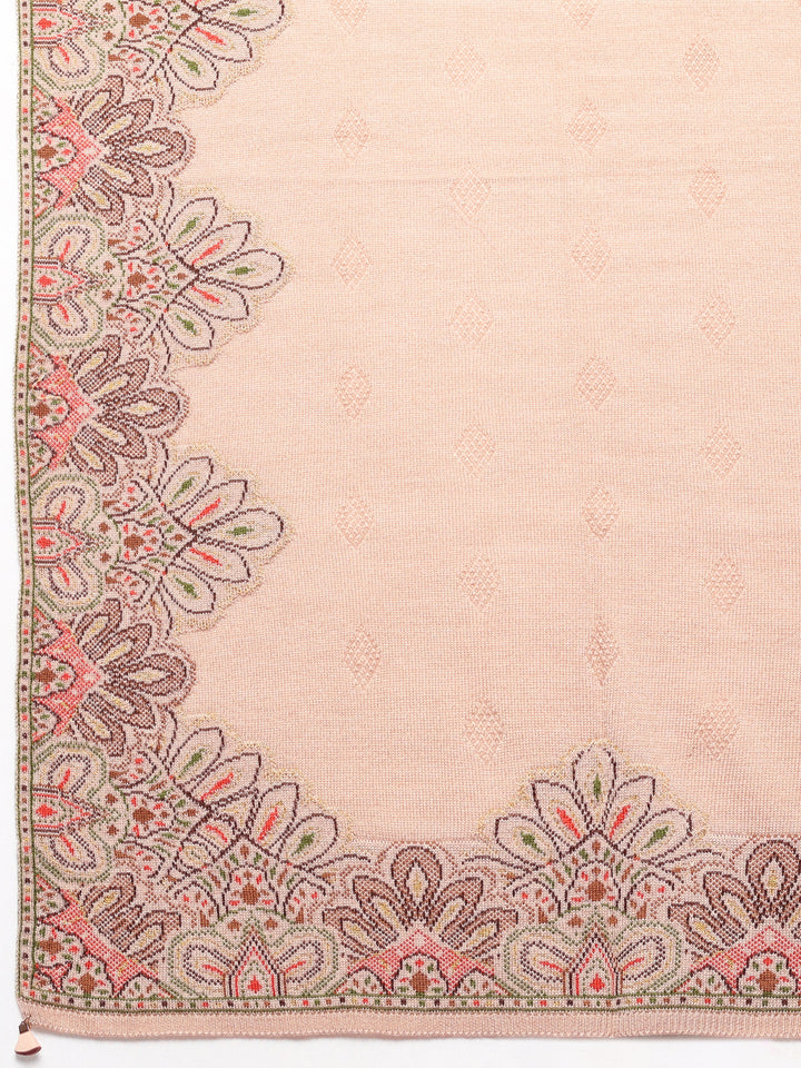 Beige Woven Design Wool Women's Shawl