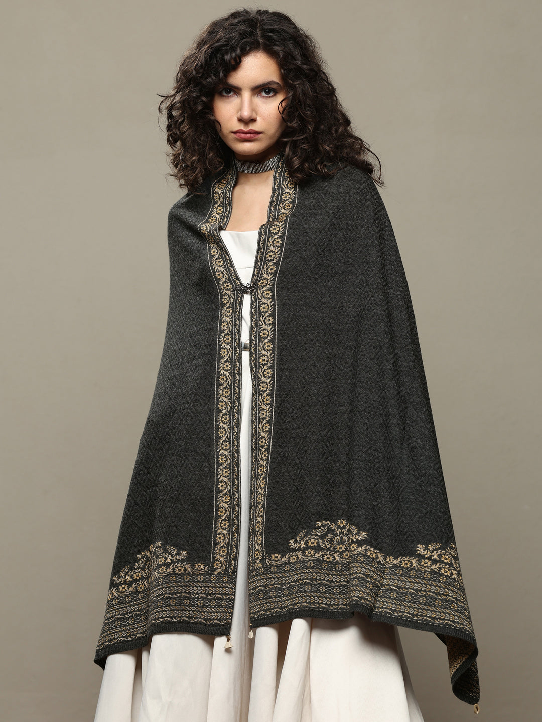 Charcoal Woven Design Wool Women's Shawl