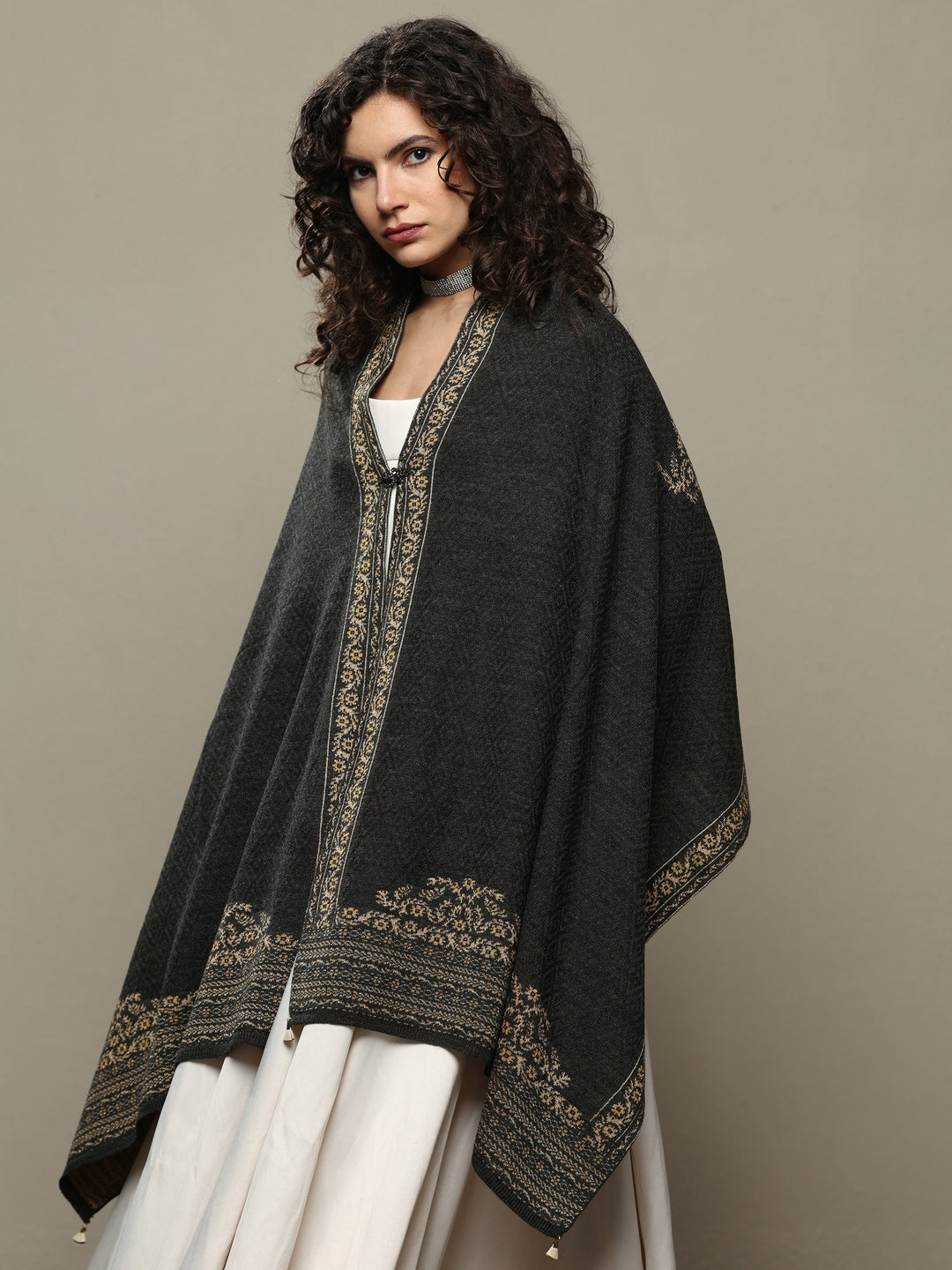 Charcoal Woven Design Wool Women's Shawl