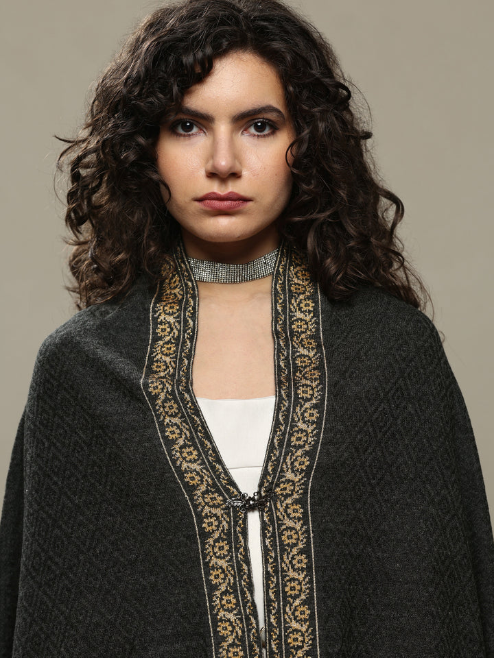 Charcoal Woven Design Wool Women's Shawl
