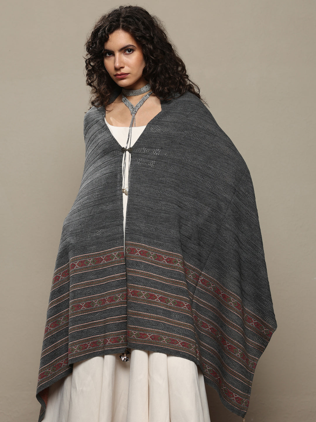 Grey Woven Design Wool Women's Shawl