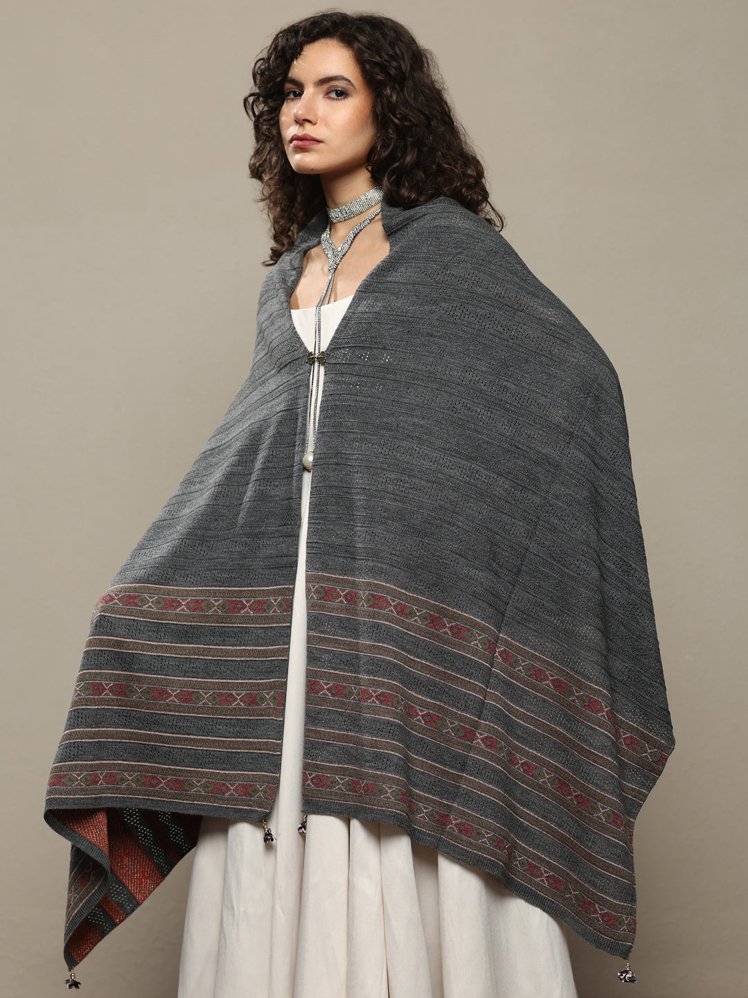 Grey Woven Design Wool Women's Shawl