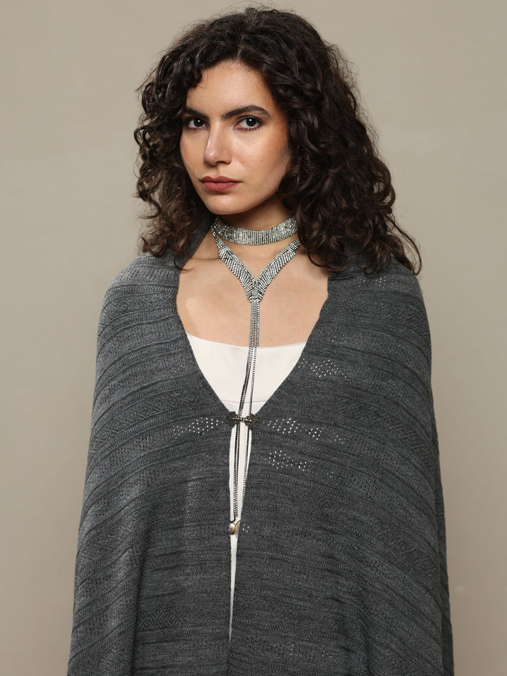 Grey Woven Design Wool Women's Shawl