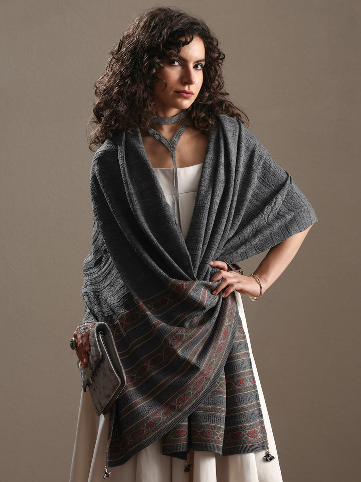 Grey Woven Design Wool Women's Shawl