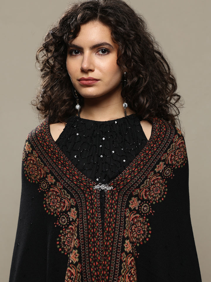 Black Woven Design Wool Women's Shawl