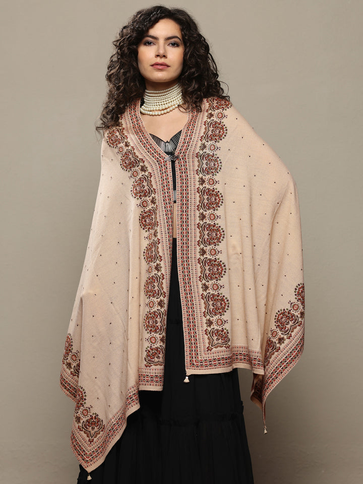Beige Woven Design Wool Women's Shawl