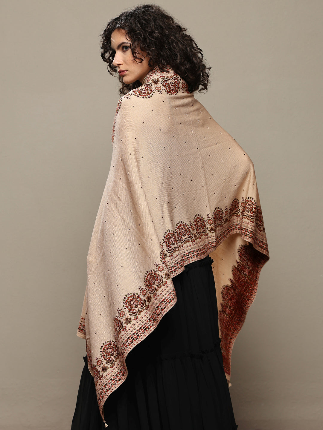Beige Woven Design Wool Women's Shawl