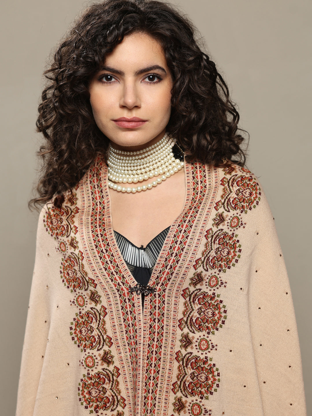 Beige Woven Design Wool Women's Shawl