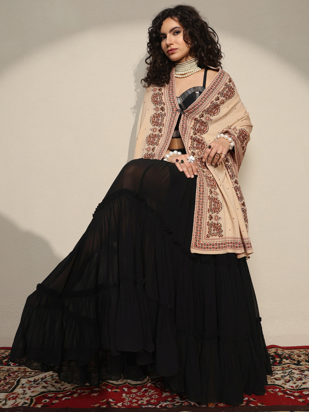 Beige Woven Design Wool Women's Shawl