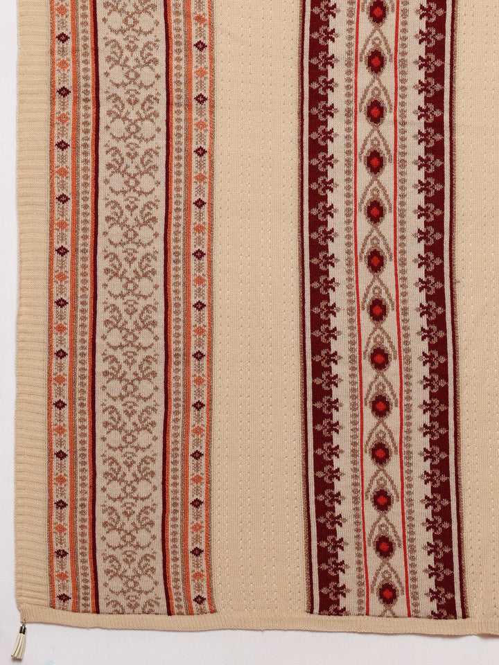 Beige Woven Design Wool Women's Shawl