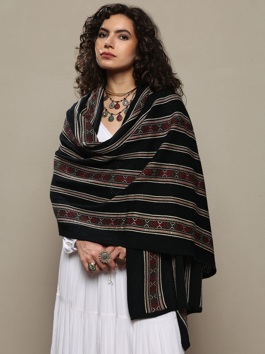 Black Woven Design Wool Women's Shawl