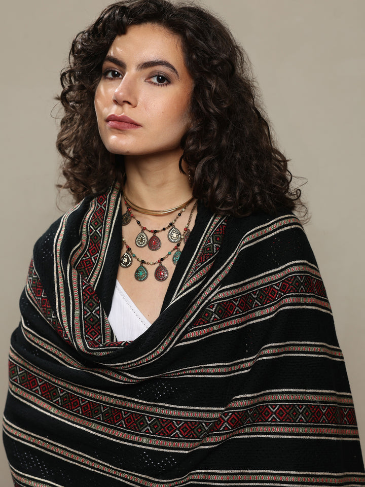 Black Woven Design Wool Women's Shawl