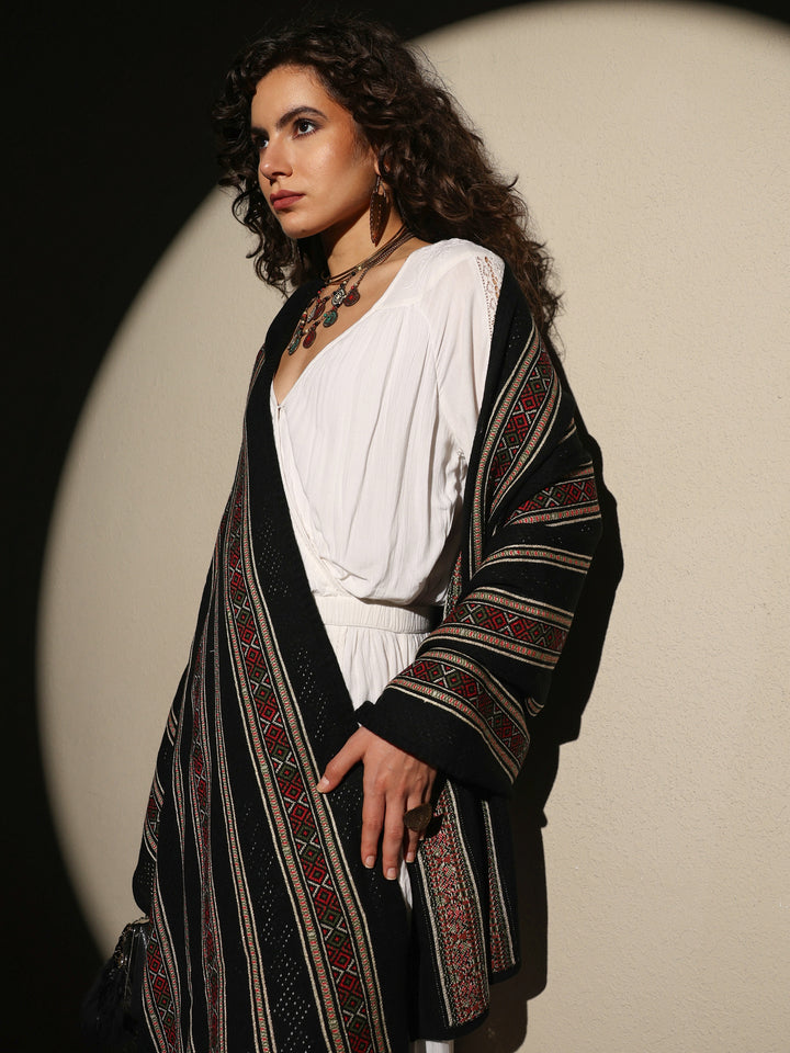 Black Woven Design Wool Women's Shawl