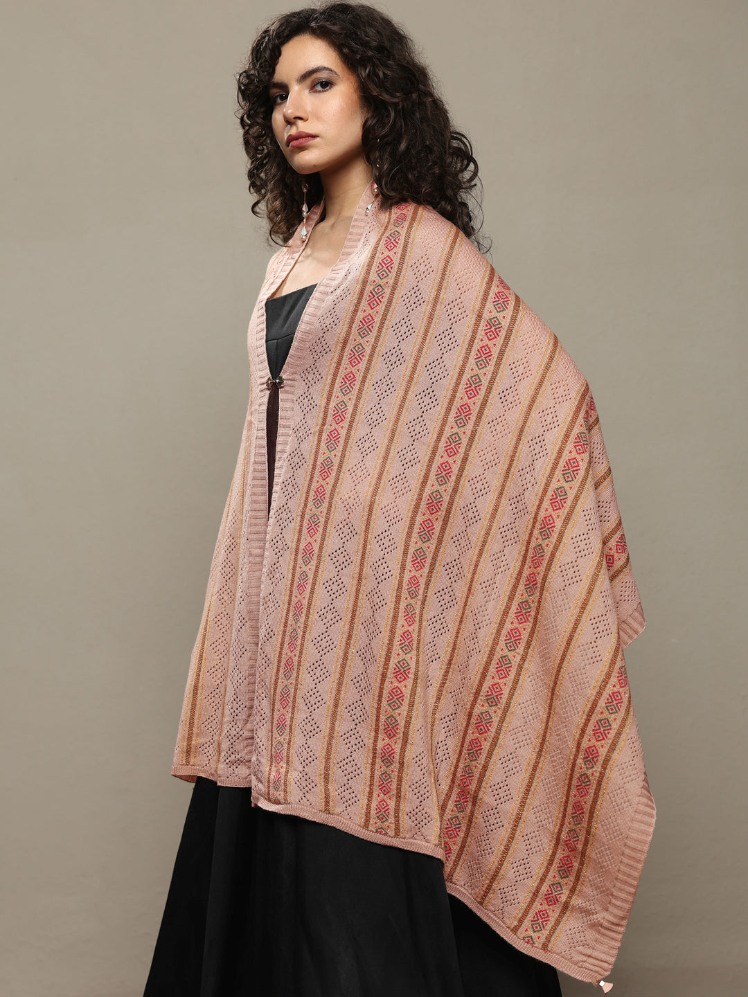 Beige Woven Design Wool Women's Shawl