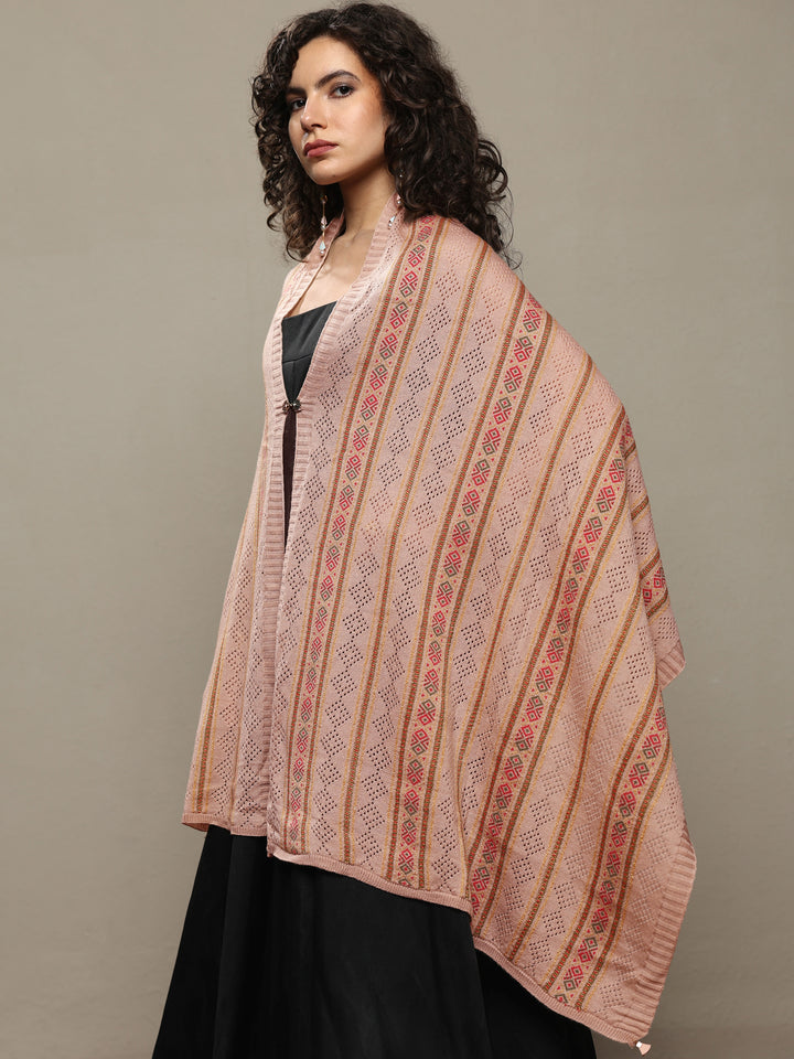 Beige Woven Design Wool Women's Shawl