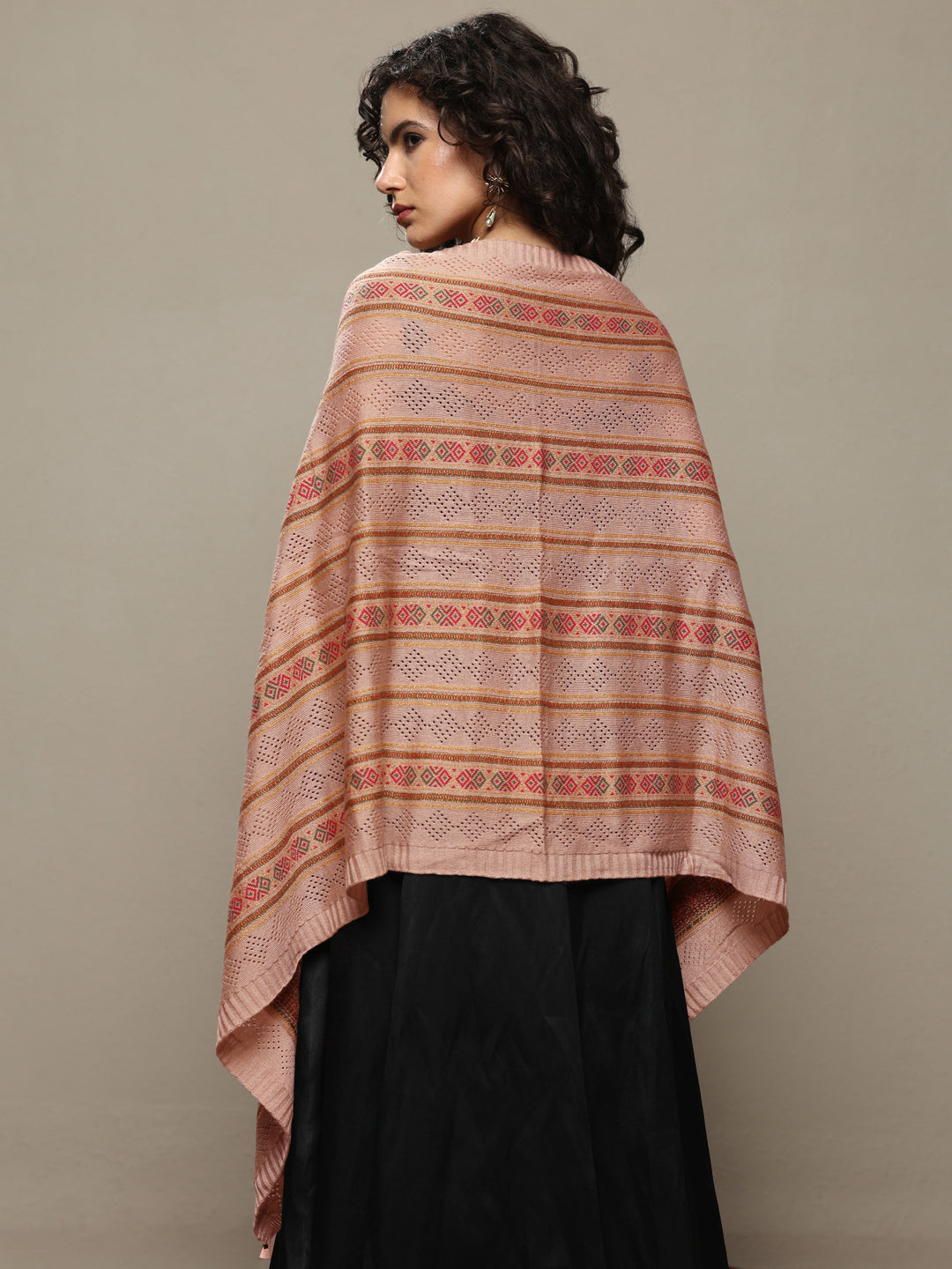 Beige Woven Design Wool Women's Shawl