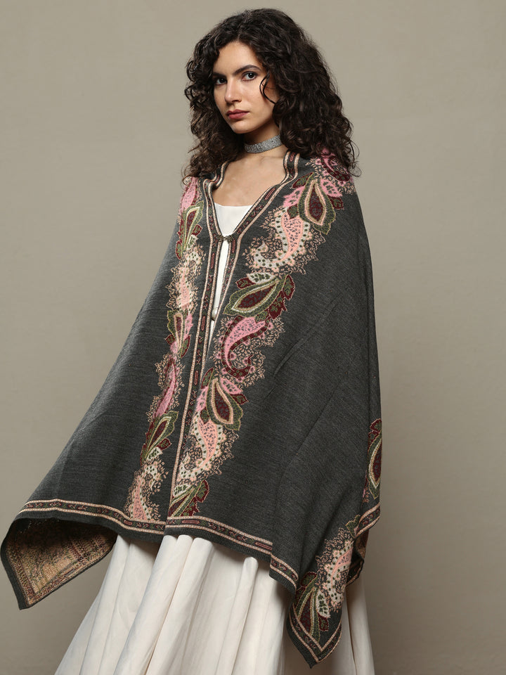 Grey Woven Design Wool Women's Shawl