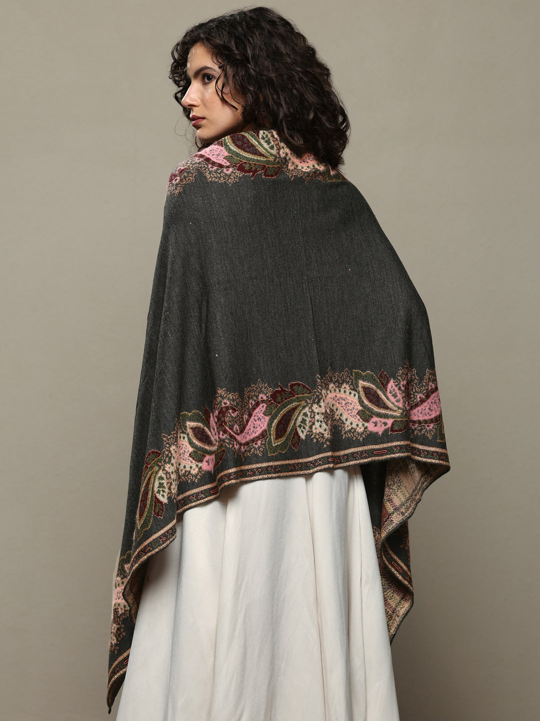 Grey Woven Design Wool Women's Shawl
