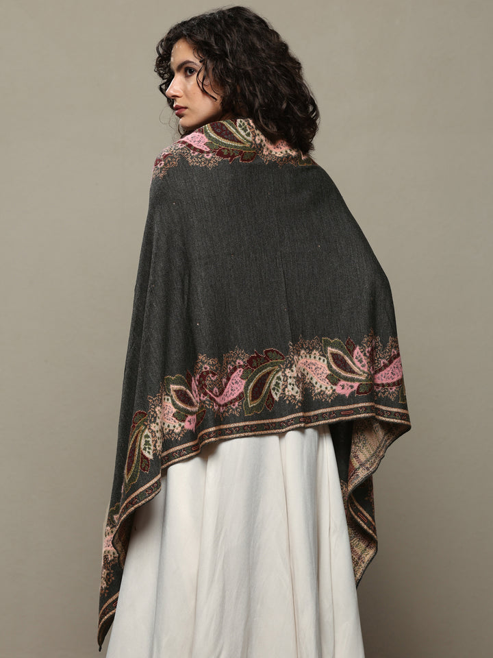 Grey Woven Design Wool Women's Shawl