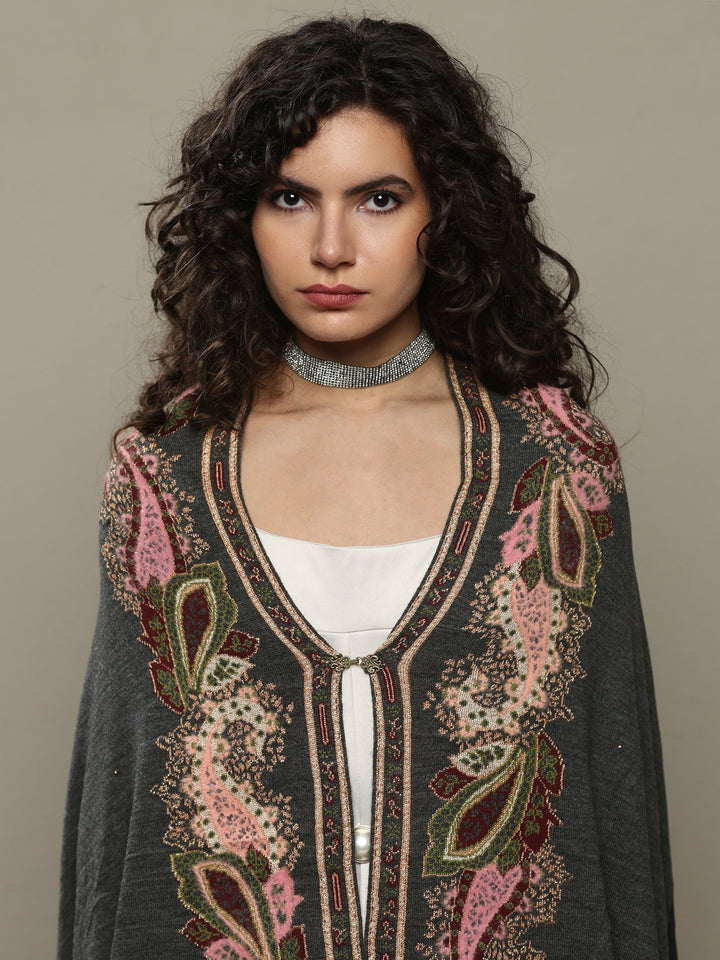 Grey Woven Design Wool Women's Shawl