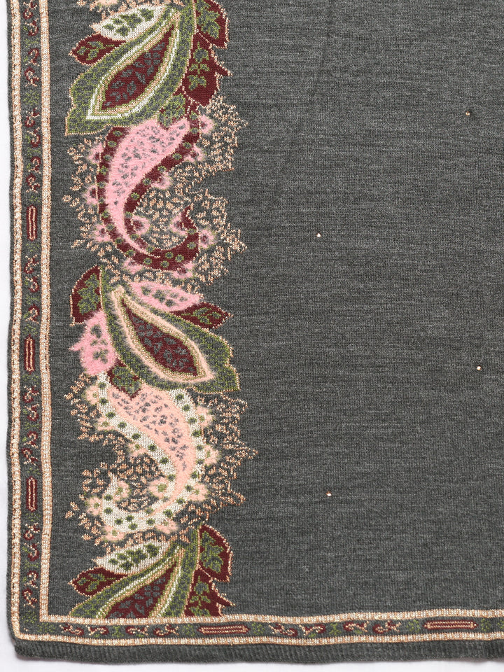 Grey Woven Design Wool Women's Shawl